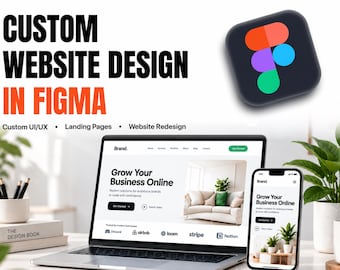 May include: A digital graphic featuring the text CUSTOM WEBSITE DESIGN IN FIGMA, Custom UI/UX, Landing Pages, and Website Redesign. It displays a laptop and a smartphone showing a website with the headline Grow Your Business Online.