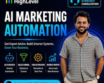 Puede incluir: Un gráfico digital para HighLevel AI Marketing Automation con una persona en camisa de manga corta estampada y pantalones claros. El texto incluye AI MARKETING AUTOMATION, 1-ON-1 STRATEGY CONSULTATION y BOOK YOUR STRATEGY CALL con iconos.