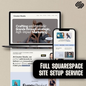 May include: A laptop and smartphone displaying a website design. The laptop screen shows the text "Crafting unforgettable Brands through strategic, high-impact Marketing." The phone displays a website with articles. The image promotes a Squarespace site setup service.