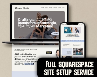 Puede incluir: Un portátil y un smartphone que muestran un diseño de sitio web. La pantalla del portátil muestra el texto "Crafting unforgettable Brands through strategic, high-impact Marketing". El teléfono muestra un sitio web con artículos. La imagen promociona un servicio de configuración de sitios de Squarespace.