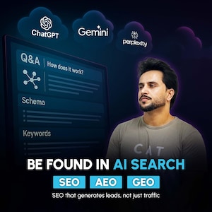 Puede incluir: Gráfico de marketing digital con el texto "BE FOUND IN AI SEARCH". La imagen presenta a un hombre, una pantalla de tableta con "Q&A" y "Keywords", y logotipos de ChatGPT, Gemini y perplexity. También se incluye el texto "SEO that generates leads, not just traffic".