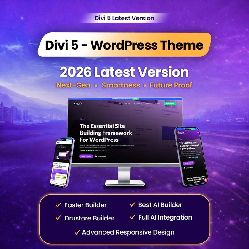 May include: A promotional image for Divi 5, a WordPress theme, featuring a computer monitor and two smartphones displaying the theme's interface. Text includes "2026 Latest Version" and features like "Faster Builder" and "Best AI Builder."