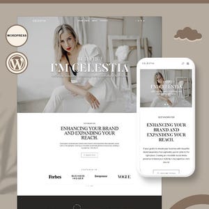 May include: A website screenshot featuring a woman in a white suit with the text "HI THERE! I'M CELESTIA" and "Offering business coaching and consulting services". The website is for a business coach and consultant named Celestia. The website has a modern and professional design, with a clean layout and a focus on Celestia's expertise.