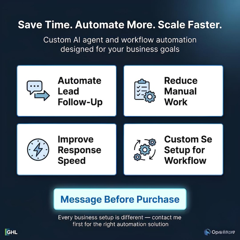 K&ouml;nnte beinhalten: Dunkelblaue Grafik mit wei&szlig;em Text, der einen KI-Agenten und die Workflow-Automatisierung bewirbt. Das Bild enth&auml;lt vier wei&szlig;e K&auml;stchen mit Text: Automate Lead Follow-Up, Reduce Manual Work, Improve Response Speed und Custom Setup for Workflow.