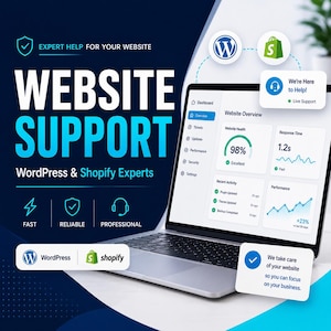 May include: A laptop displaying a website overview with performance metrics, including a 98% website health score and a 1.2-second response time. The image promotes website support services for WordPress and Shopify, emphasizing speed, reliability, and professionalism.