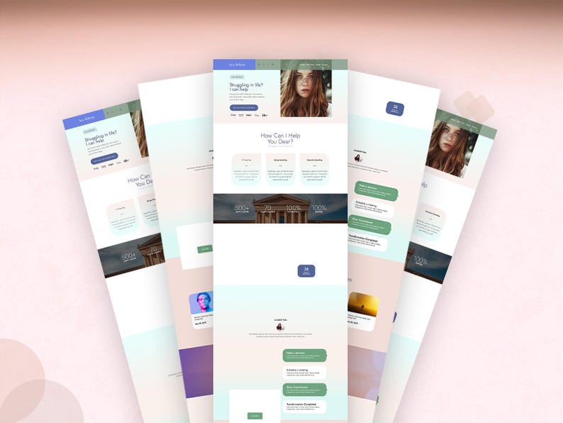 May include: A digital website layout design displayed on multiple overlapping vertical panels. The interface features a photograph of a person, the text "Struggling in life? I can help", and a section titled "How Can I Help You Dear?" with green buttons.
