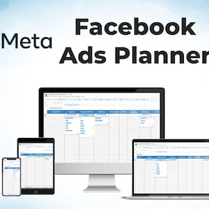 Op de afbeelding: Afbeelding van een Facebook Ads Planner weergegeven op meerdere apparaten: een desktopcomputer, een laptop, een tablet en een smartphone. Het Meta-logo is zichtbaar. De achtergrond is een blauw-witte gradiënt.