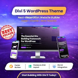 May include: A promotional image for Divi 5 WordPress Theme. The image features a computer monitor and two smartphones displaying the theme's interface. Text includes "Next-Generation Website Builder" and "Faster, Smarter, More Powerful."