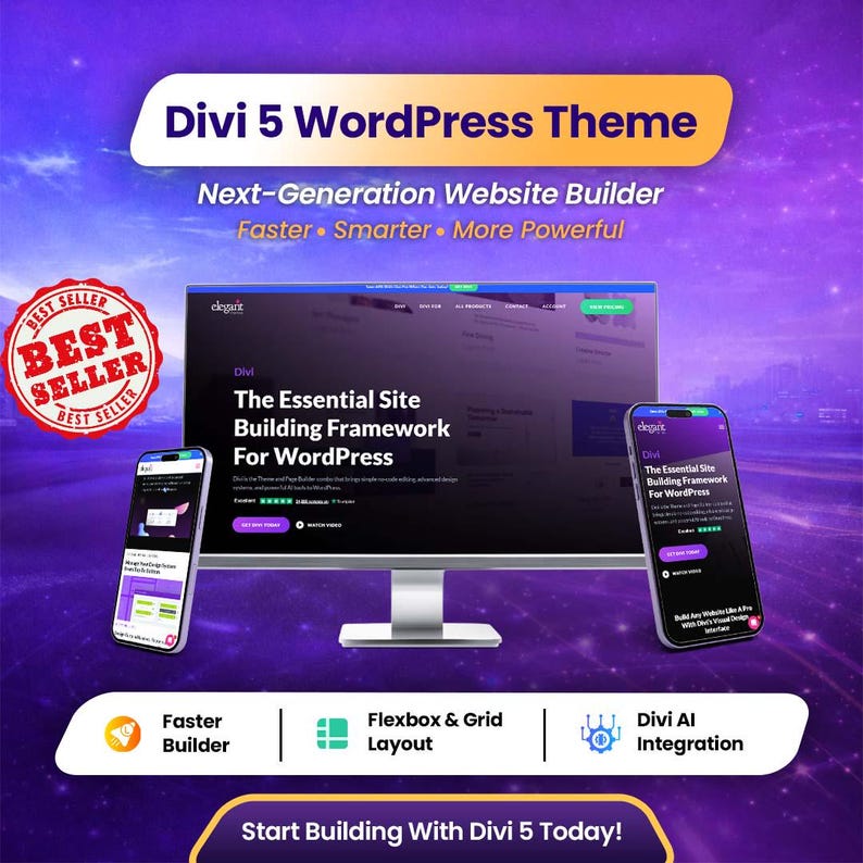 May include: A promotional image for Divi 5 WordPress Theme. The image features a computer monitor and two smartphones displaying the theme's interface. Text includes "Next-Generation Website Builder" and "Faster, Smarter, More Powerful."
