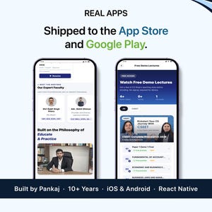 Puede incluir: Dos teléfonos inteligentes que muestran la interfaz de una aplicación móvil educativa. El texto superior dice REAL APPS Shipped to the App Store and Google Play. La barra inferior muestra Built by Pankaj 10+ Years iOS & Android React Native.