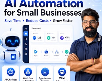 Puede incluir: Un gráfico digital con el texto AI Automation for Small Businesses, Save Time, Reduce Costs, Grow Faster. Muestra un robot blanco, una interfaz de panel con métricas y cuatro iconos etiquetados como AI Chatbots, Workflow Automation, Appointment Booking y CRM Integration.