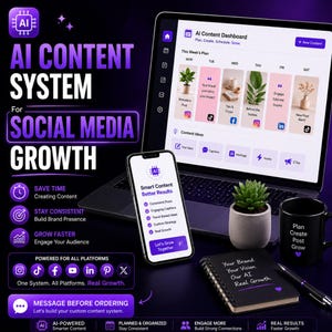 May include: A digital marketing graphic with the text "AI Content System for Social Media Growth." The image includes a laptop, smartphone, notebook, and coffee mug. The laptop screen displays a content dashboard. The smartphone shows "Smart Content Better Results."