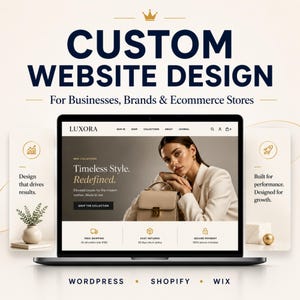 Może przedstawiać: Ekran laptopa wyświetla stronę internetową o nazwie LUXORA z obrazem osoby z torebką. Tekst zawiera CUSTOM WEBSITE DESIGN, For Businesses, Brands & Ecommerce Stores, Design that drives results oraz Built for performance.