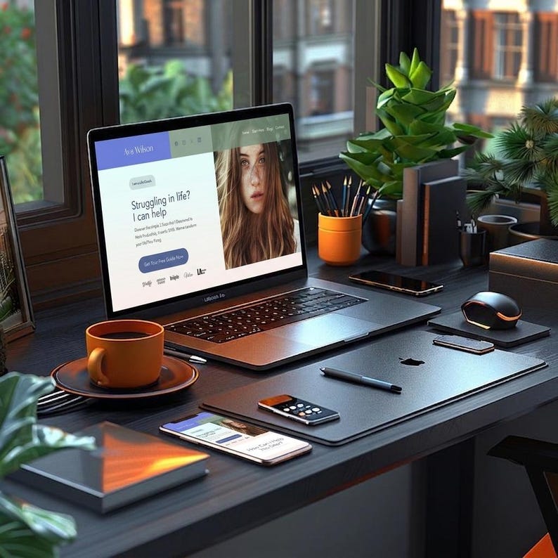 May include: A silver laptop displaying a website with the text Ava Wilson and Struggling in life? I can help. The desk includes an orange mug, a matching orange pencil holder with pens, a smartphone, a wireless mouse, and a black desk mat.