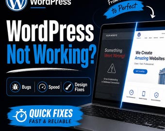 Puede incluir: Una pantalla de portátil muestra un mensaje de error de un sitio web y un sitio web de WordPress. El texto dice "WordPress Not Working?" con iconos de errores, velocidad y correcciones de diseño. También se muestra la frase "Quick Fixes, Fast & Reliable".