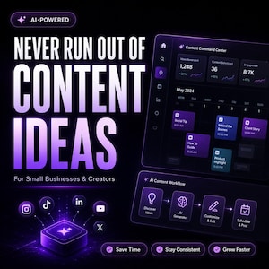 May include: A digital interface graphic with the text NEVER RUN OUT OF CONTENT IDEAS. It features a calendar dashboard, an AI content workflow diagram, and social media icons in a purple and black colour scheme with glowing neon accents.