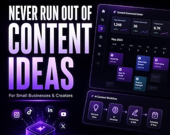 Puede incluir: Una interfaz digital con el texto NEVER RUN OUT OF CONTENT IDEAS. Incluye un panel de calendario, un diagrama de flujo de trabajo de contenido con IA e iconos de redes sociales en un esquema de color morado y negro con acentos de neón.
