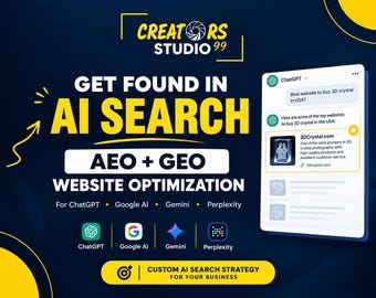 May include: A dark blue promotional graphic for Creators Studio 99 featuring the text GET FOUND IN AI SEARCH, AEO + GEO WEBSITE OPTIMIZATION, and logos for ChatGPT, Google AI, Gemini, and Perplexity, alongside a mock-up of an AI search result interface.