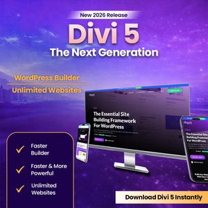Może przedstawiać: Obraz promocyjny dla Divi 5, generatora WordPress nowej generacji. Obraz przedstawia monitor komputera i dwa smartfony wyświetlające interfejs Divi. Tekst podkreśla funkcje, takie jak szybszy konstruktor i nieograniczona liczba stron internetowych.