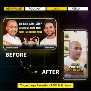 May include: A promotional image with text and two men. The text reads "Fix Hair, Skin, Sleep & Stress (in 10 days) with Medicines Yoga." The image also includes the text "More Protein After Gym" and "Yogacharya Ravinder - 1.3M Followers."