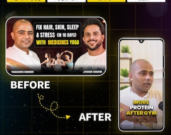 Puede incluir: Imagen promocional con texto y dos hombres. El texto dice "Fix Hair, Skin, Sleep & Stress (in 10 days) with Medicines Yoga." La imagen también incluye el texto "More Protein After Gym" y "Yogacharya Ravinder - 1.3M Followers."
