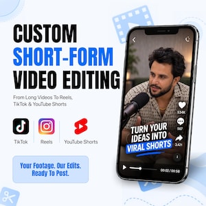 May include: A smartphone displays a video editing interface with the text CUSTOM SHORT-FORM VIDEO EDITING, From Long Videos To Reels, TikTok & YouTube Shorts, and Your Footage. Our Edits. Ready To Post. Icons for TikTok, Reels, and YouTube Shorts are visible.