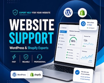 Puede incluir: Un portátil que muestra un panel de control de sitio web con análisis, el texto "WEBSITE SUPPORT" y "WordPress & Shopify Experts". Se ven iconos de WordPress y Shopify, junto con las etiquetas "FAST", "RELIABLE" y "PROFESSIONAL" para los servicios.