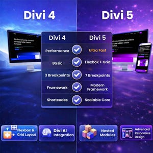 May include: A comparison chart of Divi 4 and Divi 5, with the text "Divi 4" and "Divi 5" at the top. The chart highlights features like performance, breakpoints, and framework. The background is a gradient of purple and blue.