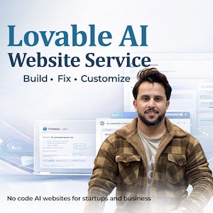 May include: An advertisement for "Lovable AI Website Service" with the text "Build, Fix, Customize." A man in a brown plaid jacket is in front of laptop screens. The text "No code AI websites for startups and business" is also visible.