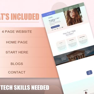 May include: A digital website template preview featuring a four-page layout including a home page, start here, blogs, and contact sections. The design displays a photograph of a person, text headers, and service boxes. The text reads WHAT'S INCLUDED and NO TECH SKILLS NEEDED.