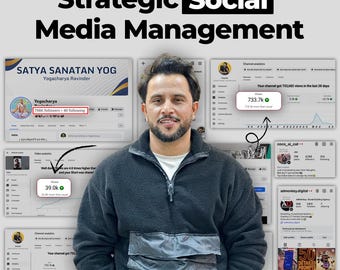 Puede incluir: Un hombre con una chaqueta negra sonríe frente a capturas de pantalla de análisis de redes sociales. El texto "Strategic Social Media Management" está en la parte superior. Las capturas de pantalla muestran recuentos de seguidores, vistas y análisis de canales.