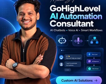 May include: A digital graphic featuring Mohan Singh, a GoHighLevel AI Automation Consultant. The text includes AI Chatbots, Voice AI, Smart Workflows, and Custom AI Solutions. Icons depict a robot, microphone, and flowchart with a chat interface.
