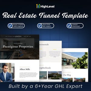Puede incluir: Una plantilla de marketing digital para bienes raíces con el logotipo de HighLevel, el texto Real Estate Funnel Template y tres insignias de funciones: Buyer & Seller Lead Capture, One-Click GHL Import e Instant Download. Incluye vistas previas.