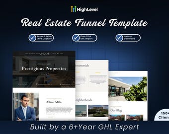 May include: A digital marketing template for real estate featuring the HighLevel logo, the text Real Estate Funnel Template, and three feature badges: Buyer & Seller Lead Capture, One-Click GHL Import, and Instant Download. Includes website previews.