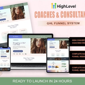 Puede incluir: Una pantalla de marketing digital que presenta un sistema de embudo GHL HighLevel para coaches y consultores. El diseño incluye un teléfono inteligente, una computadora portátil y una tableta, todos mostrando un sitio web con el texto Struggling in life? I can help.