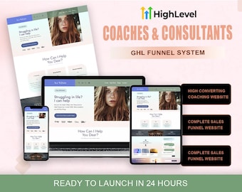 以下が含まれることがあります： コーチやコンサルタント向けのHighLevel GHLファネルシステムを紹介するデジタルマーケティングディスプレイ。スマートフォン、ノートパソコン、タブレットが配置され、すべてに「Struggling in life? I can help.」というテキストが表示されたウェブサイトが映し出されています。