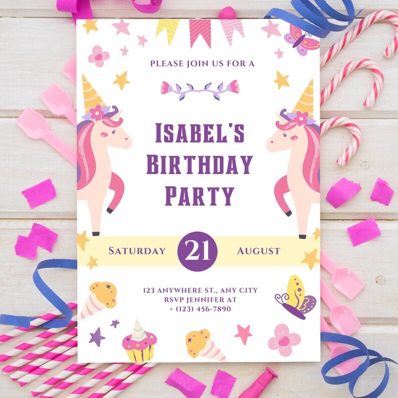 Invitaciones De Cumpleaños Unicornio: 12 Tarjetas Con Purpurina, Para Fiestas Infantiles Y Eventos