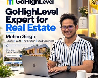 May include: A person wearing a white and blue striped polo shirt sits at a desk with a laptop. Text reads GoHighLevel, GoHighLevel Expert for Real Estate, Mohan Singh, Funnels, CRM, Automation, Lead Generation, and Find Your Dream Home.
