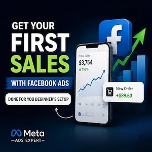 May include: A promotional graphic with the text "Get Your First Sales With Facebook Ads." A smartphone displays sales data and a Facebook logo is in the background. The Meta logo is at the bottom, with a call to action for a beginner's setup.