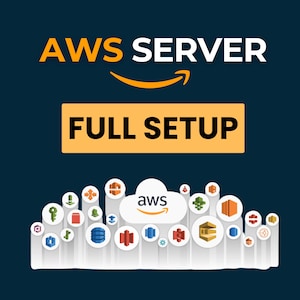Peut inclure: Une illustration graphique de divers services AWS, notamment EC2, S3, Lambda et DynamoDB, avec le texte "AWS Server Full Setup" et le logo Amazon.