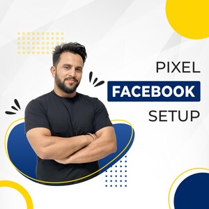 May include: A man with a beard is standing in front of a white background with blue and yellow shapes. The text "PIXEL FACEBOOK SETUP" is in the upper right corner of the image.