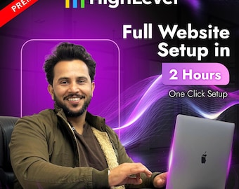 May include: A man in a green jacket sits in front of a laptop with a purple and blue background. The text on the screen reads "High Level Full Website Setup in 2 Hours One Click Setup Free Basic Automation Included".