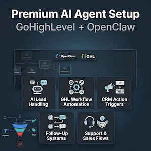 K&ouml;nnte beinhalten: Dunkelblaue Grafik mit dem Text "Premium AI Agent Setup" und "GoHighLevel + OpenClaw". Das Bild enth&auml;lt Symbole f&uuml;r KI-Lead-Handling, Workflow-Automatisierung, CRM-Aktionstrigger, Follow-up-Systeme sowie Support- und Sales-Flows.
