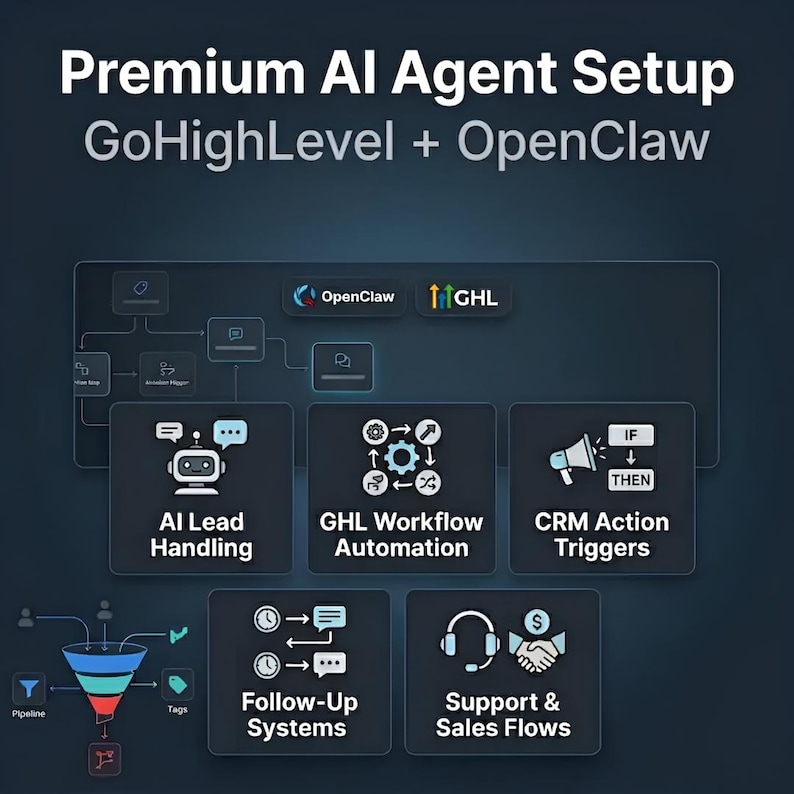 K&ouml;nnte beinhalten: Dunkelblaue Grafik mit dem Text "Premium AI Agent Setup" und "GoHighLevel + OpenClaw". Das Bild enth&auml;lt Symbole f&uuml;r KI-Lead-Handling, Workflow-Automatisierung, CRM-Aktionstrigger, Follow-up-Systeme sowie Support- und Sales-Flows.