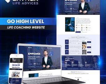 Könnte beinhalten: Eine Website für einen Lebenscoach mit dem Text "LivMax Life Advices" und "Go High Level Life Coaching Website". Die Website hat ein blaues und weißes Farbschema und ein Foto eines Mannes im Anzug.