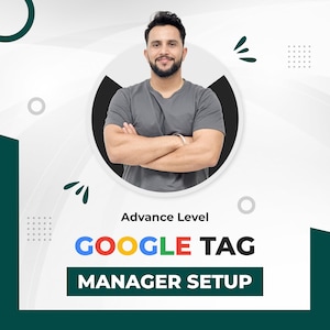 Puede incluir: Un hombre con barba y una camisa gris aparece en un círculo. El texto "Advance Level GOOGLE TAG MANAGER SETUP" está debajo del círculo.