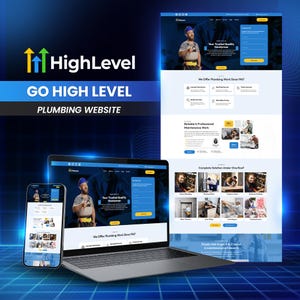 Puede incluir: Un diseño de sitio web para una empresa de fontanería llamada "High Level". El sitio web presenta un esquema de color azul y blanco con imágenes de fontaneros trabajando en varios proyectos. El sitio web también incluye un formulario de contacto y una llamada a la acción para "Ir al nivel superior".