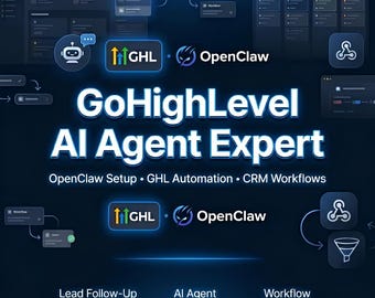 Puede incluir: Un gráfico digital que promociona los servicios de GoHighLevel AI Agent Expert. La imagen presenta el texto "GoHighLevel AI Agent Expert" en negrita, en blanco con un contorno azul. El texto adicional incluye "OpenClaw Setup, GHL Automation, CRM Workflows."