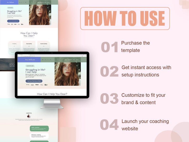 May include: A digital graphic displaying a website template for a coach named Ava Wilson on a computer monitor. The text HOW TO USE is followed by four numbered steps: Purchase the template, Get instant access with setup instructions, Customize to fit your brand & content, and Launch your coaching website.