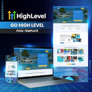 Könnte beinhalten: Website-Mockup für ein Unternehmen für Pool-Renovierungen. Die Website hat ein blaues und weißes Farbschema mit Bildern von Pools und einem Kontaktformular. Der Text auf der Website umfasst "Go High Level Pool Template", "Leading Pool Plastering Specialists", "Pool Remodeling Services for Your Dream Oasis", "Experienced Pool Plastering & Remodeling for 40+ Years", and "Expert Pool Remodeled & Plastering".